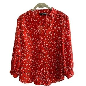 Karl Lagerfeld Button Up Floral V-Neck Top Red & White Size Small 3/4 Sleeve